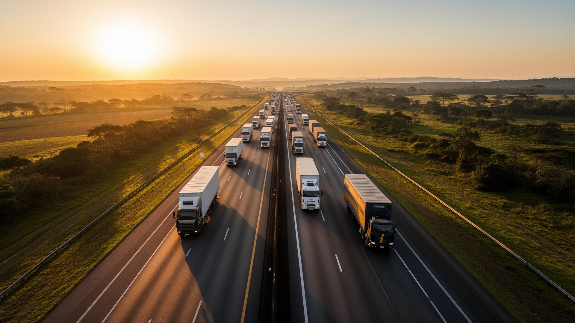 Caminhões em rodovia brasileira ao entardecer